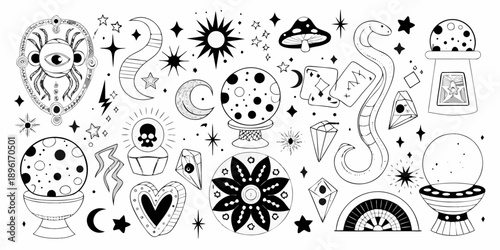 Mystical and celestial hand drawn illustrations in black and white