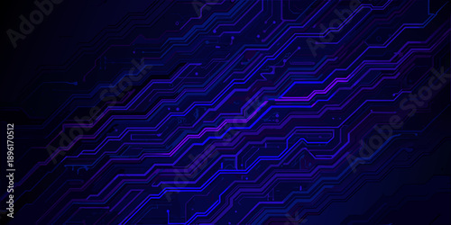 Abstract digital circuit pattern with glowing neon blue and purple lines