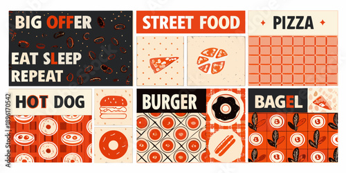 Colorful food themed poster collage with text and graphic elements