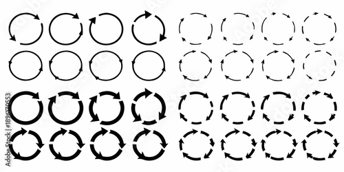 Arrangement of circular arrows in a grid pattern black on white