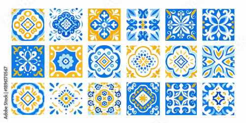 Repeating pattern of colorful portuguese azulejo tiles in blue and yellow