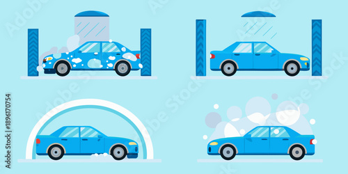 A blue car progressing through a simplified car wash sequence