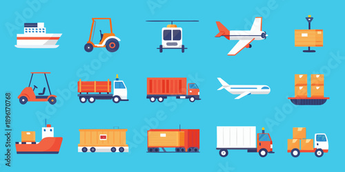 Various modes of transportation and cargo containers in a flat design