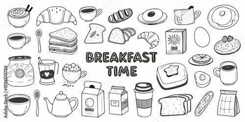A collection of hand drawn breakfast items and beverages in black and white