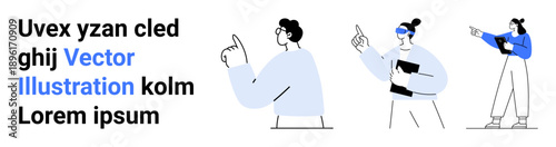 Three individuals pointing, gesturing, and holding notebooks while collaborating. Ideal for teamwork, innovation, brainstorming, education, communication, creativity and a simple landing page