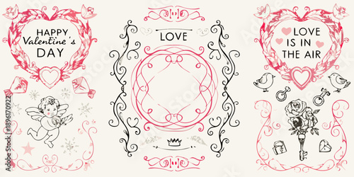 Vintage valentine s day sketches with hearts cherubs and floral designs