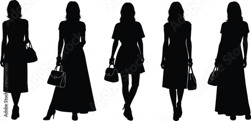 Black Female Fashion Model Silhouette Vector Set, Elegant Women in Dresses with Handbags for Streetwear, Glamour, and Professional Apparel Design