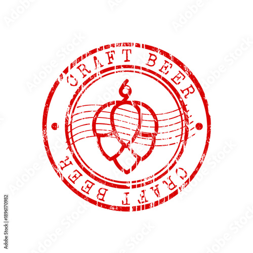 Craft beer red rubber stamp with hop cone and grunge effect