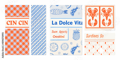 Italian themed banner set with seafood fruit and geometric patterns
