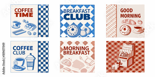 A collection of vintage style breakfast and coffee themed illustrations