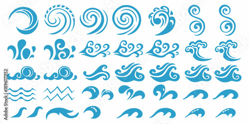 Collection of blue swirls waves and decorative floral elements