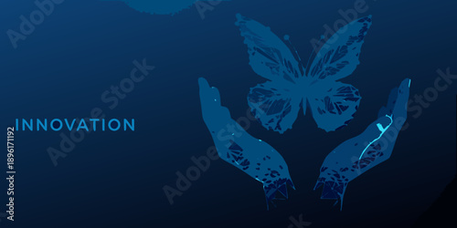 Hands cradling a butterfly shape formed by digital code and innovation