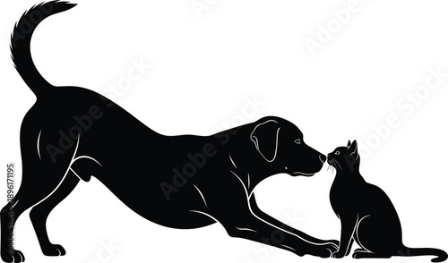 Large dog and small cat sniffing each other silhouette, domestic pet friendship, animal interaction vector icon for veterinary.