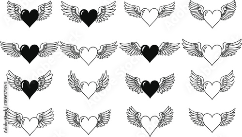 Winged Heart Icon Set, Hand Drawn Tribal Tattoo Style, Romantic Love Symbols with Angel Wings, Valentimes Day Heart Vector Illustration, Black Line Art