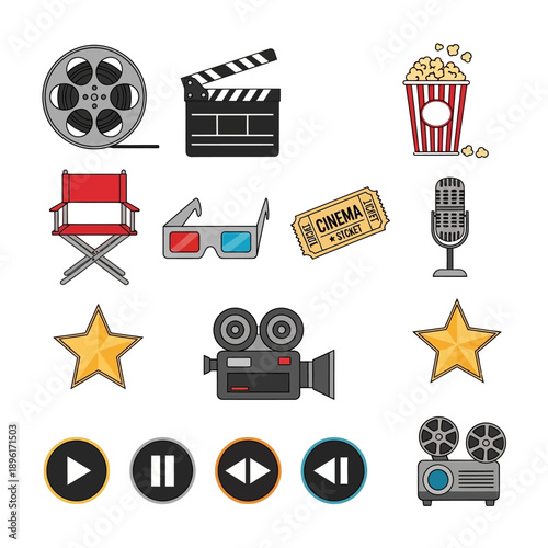 Cinema Icons Collection: Film, Popcorn, Clapperboard, Director Chair, 3D Glasses, Ticket, Mic