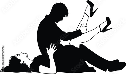 Romantic couple silhouette, intimate relationship passion concept, adult love romance, embrace affection illustration, dating emotion isolated white background