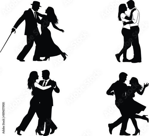 Romantic dancing couples silhouette collection, elegant ballroom tango poses, love relationship concept, black illustration isolated white background design