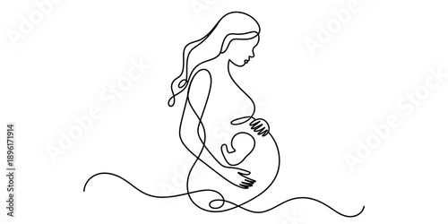 A continuous line art drawing of a pregnant woman holding her belly with a fetus inside Vector, illustration