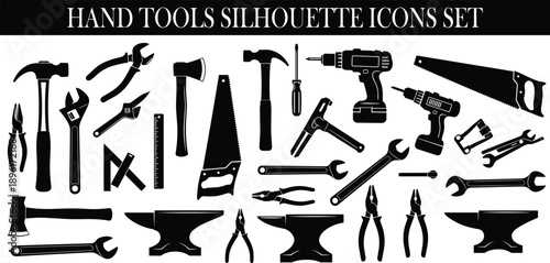 Hand tools silhouette icons set, hammer wrench pliers saw drill equipment collection, black repair construction hardware vector illustration design graphics