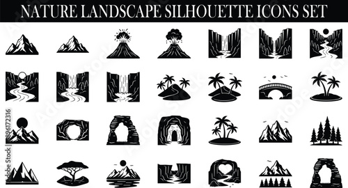 Nature landscape silhouette icons set, mountains waterfalls volcano island canyon cave river palm trees, black scenery vector illustration collection, design