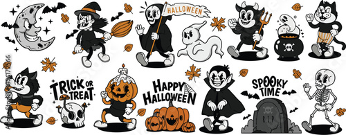 Vintage halloween cartoon vector set collection of retro 30s rubber hose mascot characters and spooky icons isolated on white background for party
