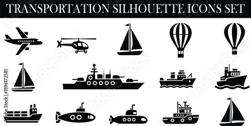 Transportation silhouette icons set, air sea travel vehicles collection, airplane helicopter ship submarine balloon, black vector illustration design graphics pack