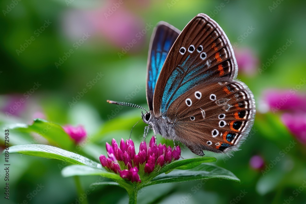 Obraz premium Butterfly with Blue and Brown Wings on Pink Flower