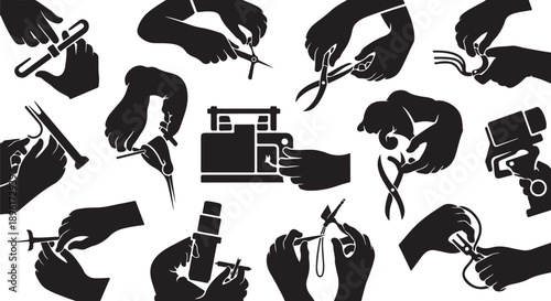 Hands holding various hairdressing tools and equipment