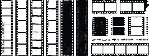 Black and white film strip vector set collection of grunge cinema negative frames and retro camera tape borders isolated on white background for design