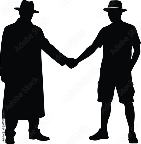 Silhouette illustration of two men shaking hands wearing hats, agreement partnership concept isolated on white background for business design