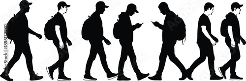 Silhouette illustration of young men walking with backpacks and using smartphones, modern urban lifestyle people isolated on white background
