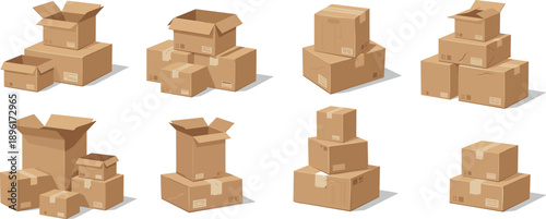 Cardboard box stack vector set collection of brown delivery package piles and open shipping cartons isolated on white background for moving