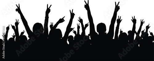 Silhouette crowd raising hands with peace signs celebrating unity freedom protest concert festival energy isolated white background minimal social movement concept