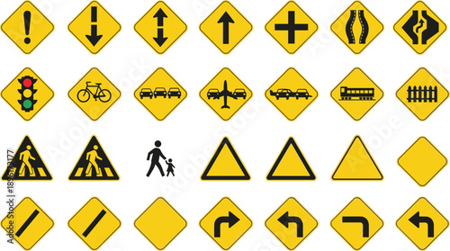 Yellow diamond road warning signs set with traffic directions, pedestrian crossings, intersections and vehicle symbols for transportation safety, driving education and graphic design