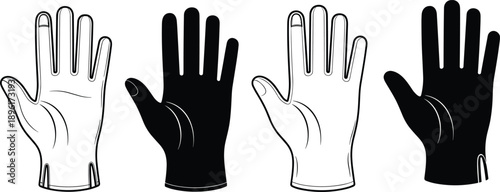 Work Gloves Silhouette Set Showing Front and Back Views, Safety Equipment for Construction, Industry and Manual Labor, Black and White Vector Illustration