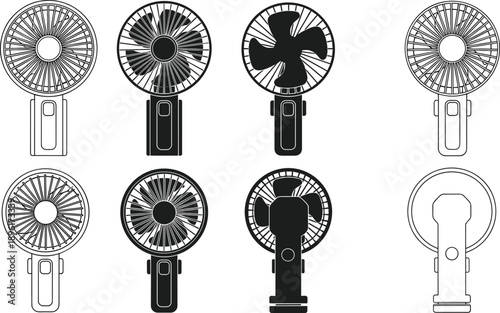 Portable Hand Fan Icon Set, Electric Mini Ventilator Silhouettes and Line Art, USB Personal Cooling Devices, Rechargeable Battery Operated Fan Graphics, Summer Air Cooler