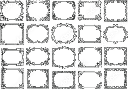 Set of vintage decorative frames and ornamental borders with elegant filigree swirls for certificate design, luxury invitations, and wedding stationery.