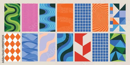 Modern digital art composition of colorful abstract patterns featuring diverse geometric, wavy, and checkered designs, perfect for creative backgrounds and graphic projects