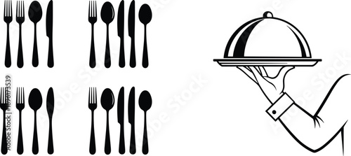 Restaurant Catering Icon Set, Black Silhouette Cutlery Fork Spoon Knife, Waiter Hand Holding Cloche Service Tray, Fine Dining Food Illustration