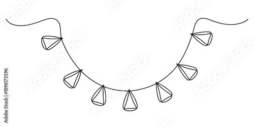 A minimalist continuous line drawing depicting a string of geometric ornaments or lights hanging in a curve