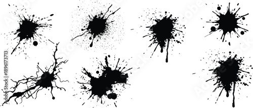 Black ink splatter vector set collection of grunge paint blots and messy drops isolated on white background for abstract design element