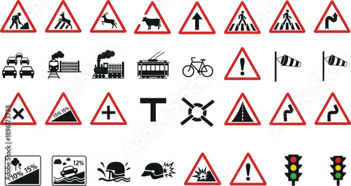 Comprehensive road traffic warning and information signs set featuring animals, pedestrians, vehicles, railways, intersections, hazards and signals for transportation safety design