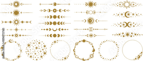 Golden celestial divider vector set collection of sun moon and star text separators with mystical round frames for boho design decoration