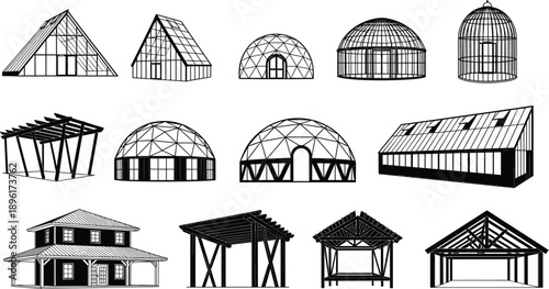 Set of architectural line art icons featuring greenhouse designs, geodesic domes, timber frame structures, modern pavilions, gazebos, and wooden cabin sketches.