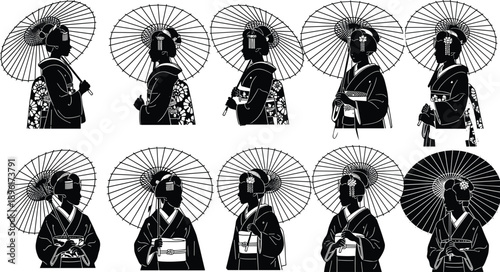 Traditional Japanese Geisha Silhouette Set With Paper Umbrellas, Elegant Kimono Women Black Vector Illustration Collection Isolated On White Background Minimalist Cultural Art Design