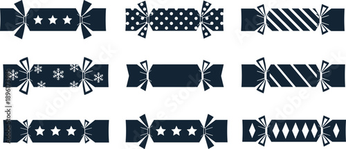 Set of Silhouette Christmas Cracker Icons with Various Patterns Including Stars Polka Dots Snowflakes and Stripes for Holiday Graphic Design