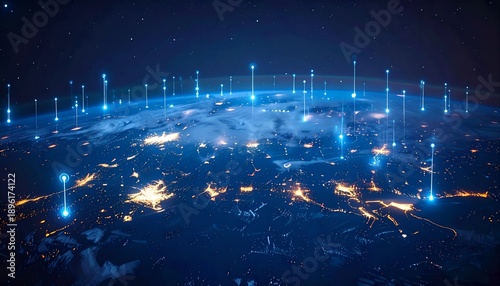Earth at night with glowing light beams connecting network nodes, seen from space with clouds and city lights