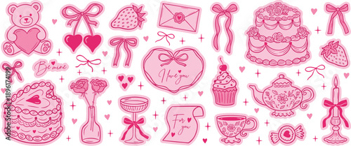 Cute pink coquette valentine vector set collection of love stickers and sweet dessert icons isolated on white background for aesthetic design