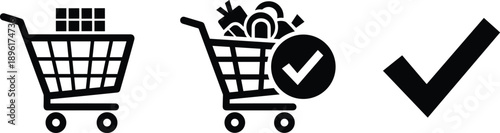 Shopping cart icons, ecommerce basket symbols, online purchase concept, black and white vector illustration, retail checkout design, digital marketing, isolated