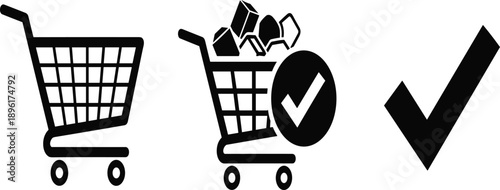 Shopping cart icons, ecommerce purchase confirmation, online retail checkout symbols, black and white vector illustration, digital shopping concept, UI design, isolated